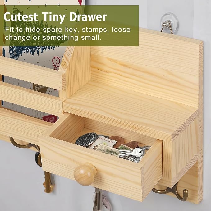 Key Holder Wall Mount, Wooden Key and Mail Organizer, Natural | 2 Mount Options, Includes 8 Hooks, Fence Mail Slot, Small Drawer and Shelf, for Entryway, Hallway, Doorway, Living Room, RV