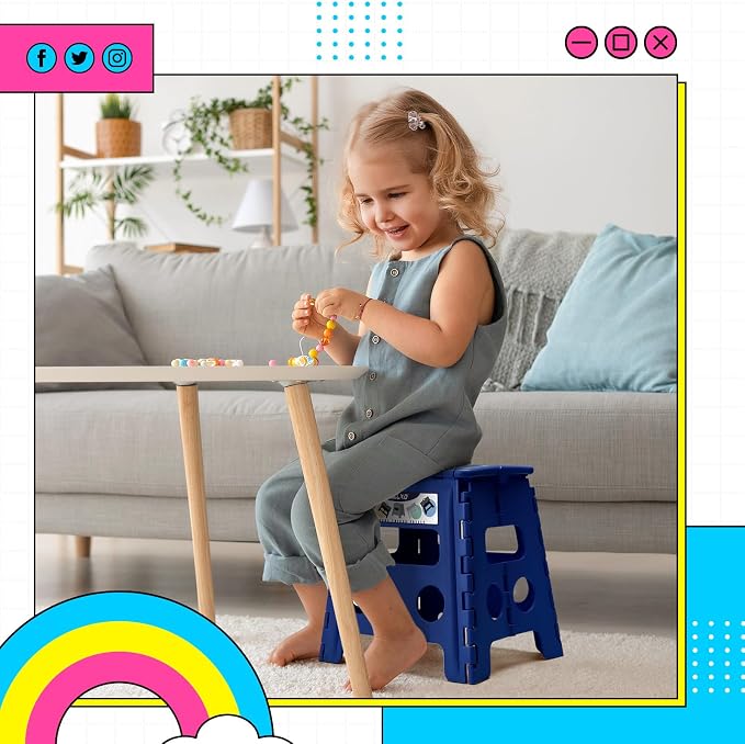 Delxo Folding Step Stool, 13 inch Non-Slip Foldable Stools for Kids & Adults Up to 300 LBS, Step Stool with Handle, Lightweight for Kitchen, Bathroom, Bedroom, Garden, Blue, 1PC
