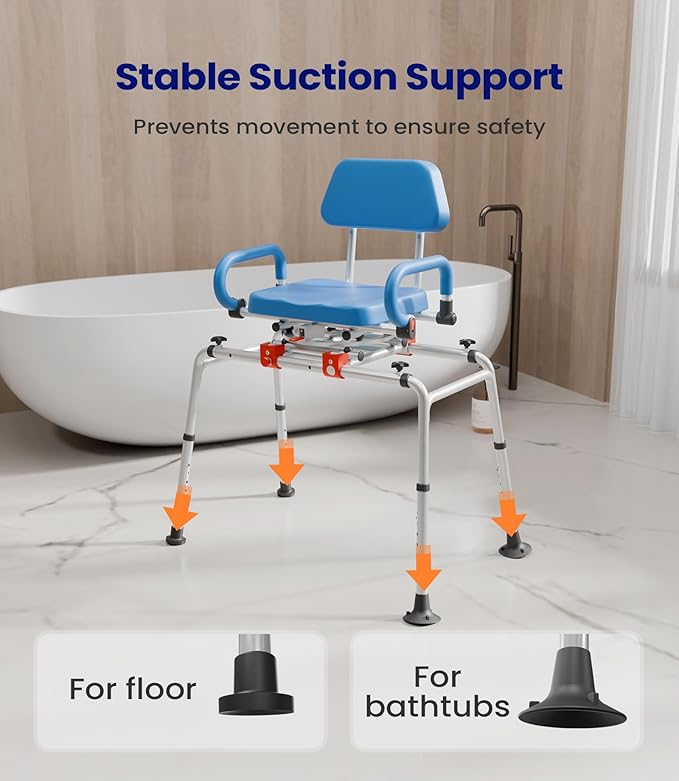VOCIC Sliding Shower Chair with Swivel Seat, Swivel Tub Transfer Bench, Shower Bench for Elderly, Adjustable Height Bathtub Bench with Armrests & Swivel Padded Seat & Safety Belt, AX19