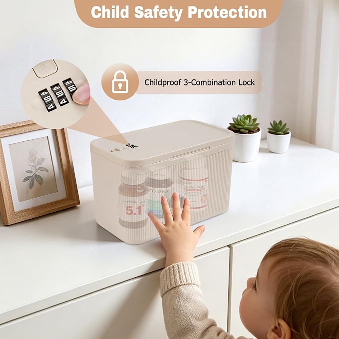 Small Lock Box for Medicine, PLUS Size, Medication Lock Box with Code, Lockable Storage Box for Pills, Snacks, Personal Items, Fridge, Home, Office, Beige