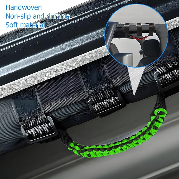 2PCS Car Roll Bar Grab Handles, Oxford Cloth American Flag ATV Paracord Grip Handle with Metal Buckle, Heavy Duty UTV Roll Cage Grab, Compatible with Wrangler JL, JT, JK (Fluorescence Green)