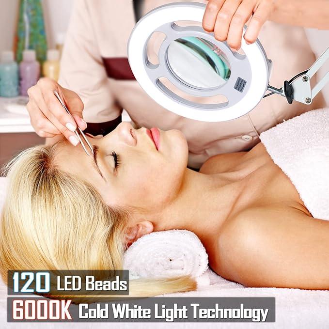 10X Magnifying Glass with Light, KIRKAS 2,200 Lumens LED Magnifying Lamp with Clamp, Stepless Dimmable Real Glass Lens Magnifier, Adjustable Arm Workbench Light for Close Work Hobby Repair - White