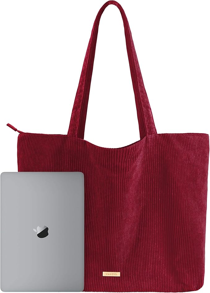 VANDEL Corduroy Tote Bag for Women and Men with Zipper and Inner Pockets. Cute School Tote Bag with Zipper, Aesthetic