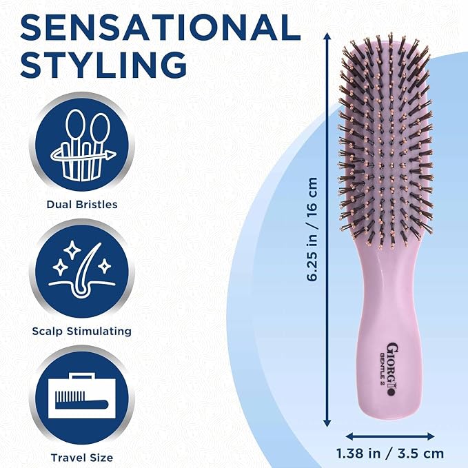 Giorgio Gentle Pink Hair Brush Set – Gift for Women, 2 Detangler Brushes (6.25" & 7.75"), Scalp Massager, Travel Hair Brush, Sensitive Scalp, All Hair Types