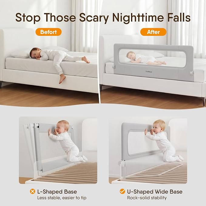 Bed Rail for Toddlers, 59 Inch Foldable Baby Guard | 59 in foldable toddler rail with reinforced anchors, no-gap mattress fit, double lock, washable fabric for King|Queen