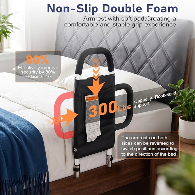 Bed Rails for Elderly Adults - Bed Assist Rail with 2 Non-Slip Grab Bars & Storage Pocket, Easy In & Out Bed, Anti-Fall Bed Railings for Seniors, 300 LBS Load Capacity