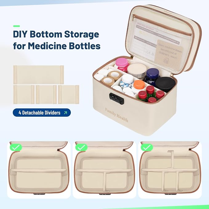 Mancro Lockable Medicine Bag, 2-Layer Pill Bottle Organizer Storage with Adjustable Dividers, Medication Travel Case for Pills, Vitamins & Supplements, Medicine Organizer for Dorm, Home Use and Trips