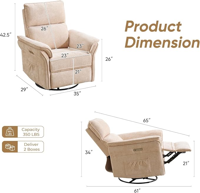 Power Nursery Recliner with Auto Rocking,Oversized Swivel Rocker Recliner with Massage and Heat,Glider Recliner Nursery Chair with Adjustable Headrest for Living Room and Bedroom,Beige
