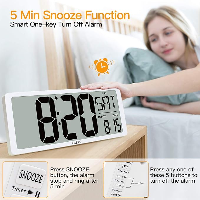 XREXS Large Digital Wall Clock with Backlight, 16.9 Inch Jumbo LCD Screen with Time/Calendar/Temperature Display, Alarm Clocks for Bedroom Home Decor, Count Up & Down Timer (Batteries Included)