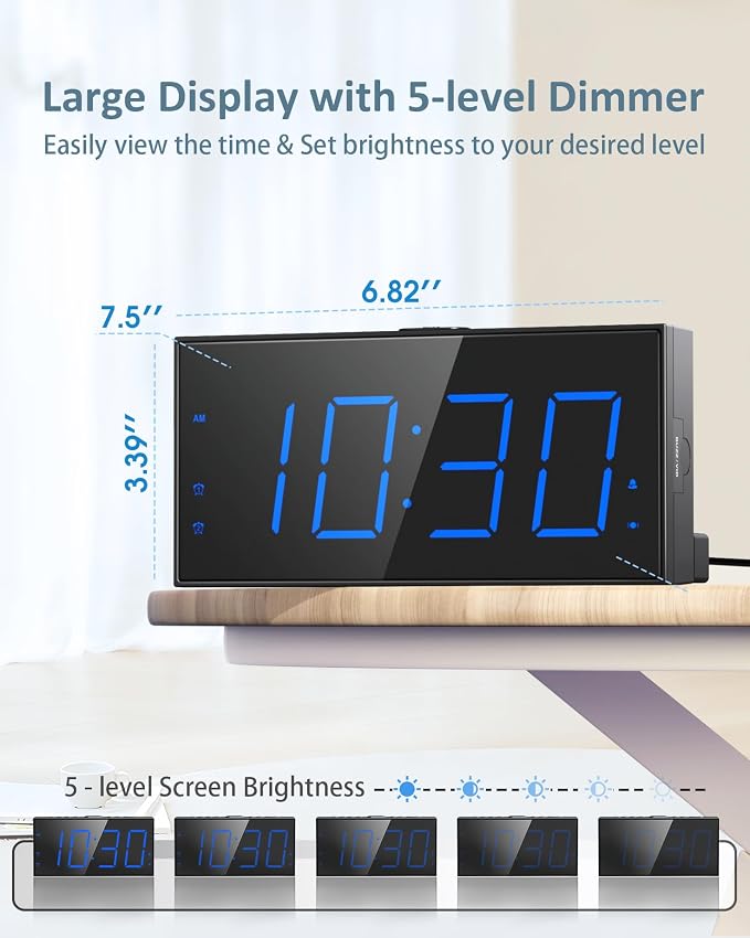 Roxicosly Alarm Clock with Bed Shaker, Vibrating Alarm Clock for Heavy Sleepers/Hard of Hearing/Deaf,Dual Alarms, 7.5’’ Large LED Display, Dimmer, USB Charging Port, Plug-in with Memory Function