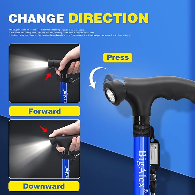 BigAlex Folding Walking Cane with LED Light,Pivoting Quad Base,Adjustable Walking Stick with Carrying Bag for Man/Woman (Alloy Base)