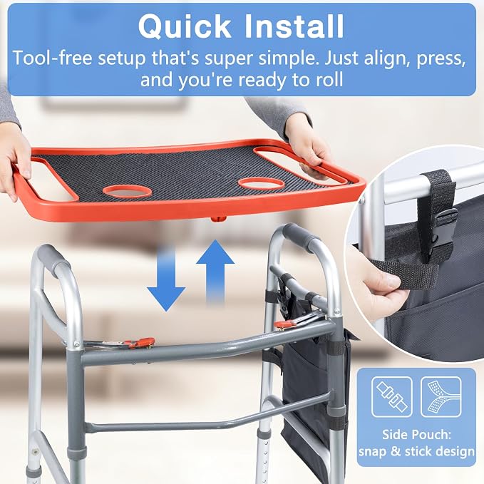 Walker Tray for Seniors with Dual Cup Holders & Side Pouch (Red) | Durable Food & Drink Table, Lightweight with Non-Slip Pad, Compatible with Walker of 10210-1 Model