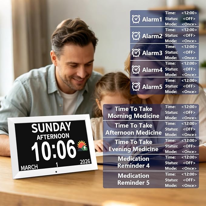 10.1 Inch White Digital Dementia Clock, Large Display Calendar Clock, 15 Medication Reminders, Auto DST, Auto Brightness Adjustment, Equipped with Remote Control (10.1inch White, Large)