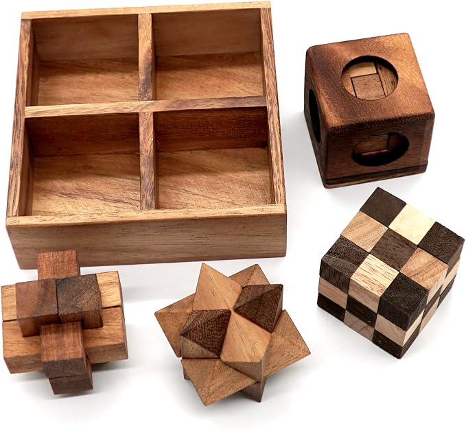BSIRI 4 in 1 Wooden Brain Teaser Puzzles for Adults - Challenging 3D Desk Wood Puzzles Set Interlocking Hand Games for Mind Toys Suits for Rustic Patio Decor Unique Gift Office Decoration