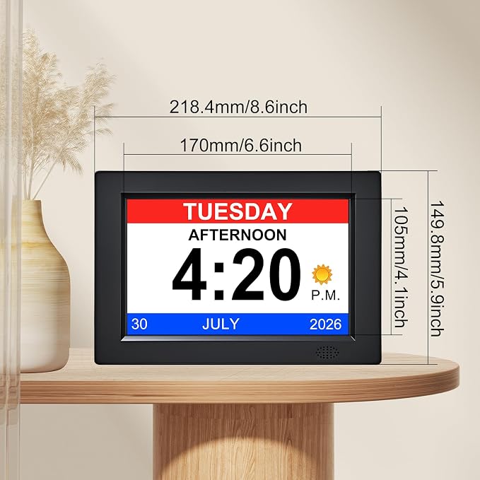 8 Inch Black Digital Dementia Clock, Large Display Calendar Clock, 15 Medication Reminders, Auto DST, Auto Brightness Adjustment, Equipped with Remote Control