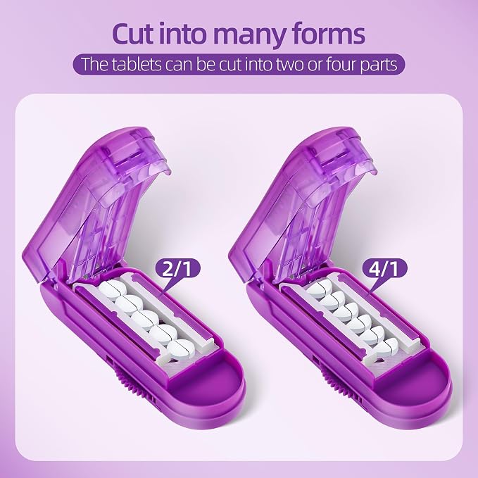 DUBSTAR Pill Cutter Splitter for Small and Tiny Pills, Multiple Pill Cutters for Small or Large Pills, Adjustable Pill Splitter with Centering Device and Blade Guard for Multi Tablets (Purple)