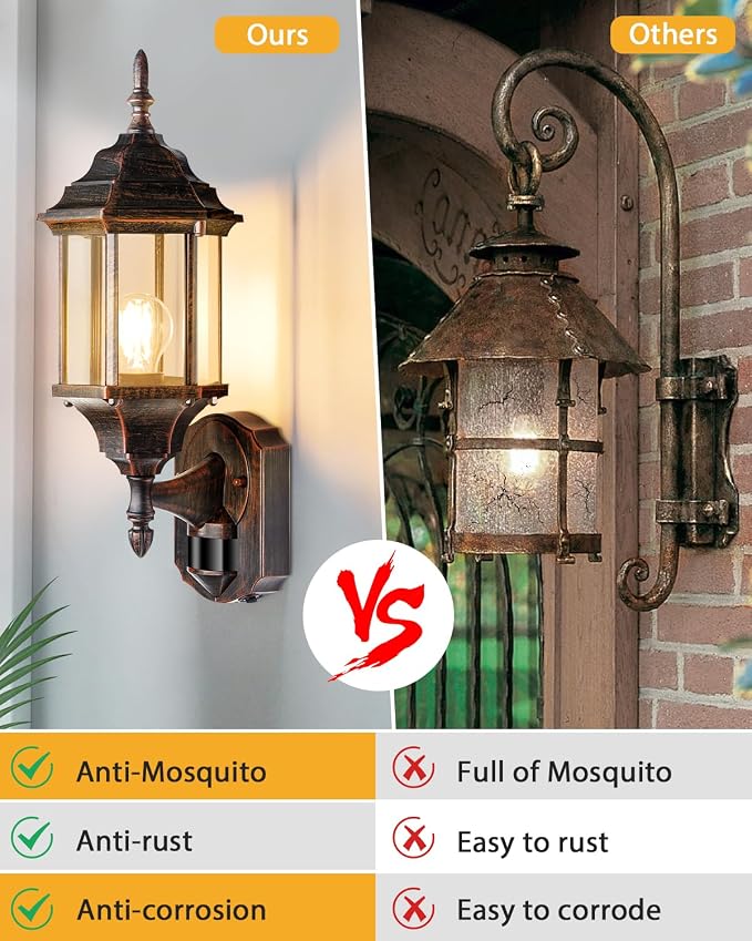Redluck Motion Sensor Outdoor Lights, 16 inch Dusk to Dawn Outside Porch Lights, Waterproof Anti-Rust Aluminum Outdoor Wall Lights for House, Garage, Front Door, Antique Black and Bronze Gold