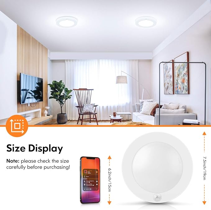 7.5 Inch Wired Motion Sensor Ceiling Light for Hallway 2 Pack | 3000K/4000K/5000K Adjustable, Non-Dimmable Motion Sensor Light Indoor for Laundry, Garage, Stairs, with Timer, 15W 1200LM