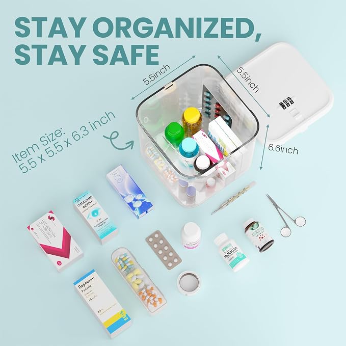 Medicine Lock Box for Safe Medication, Clear Lockable Storage Box for Snacks Food, Phone Lock Boxes with Combination Code for Home/Dorms/Office Storage Lockers (White)