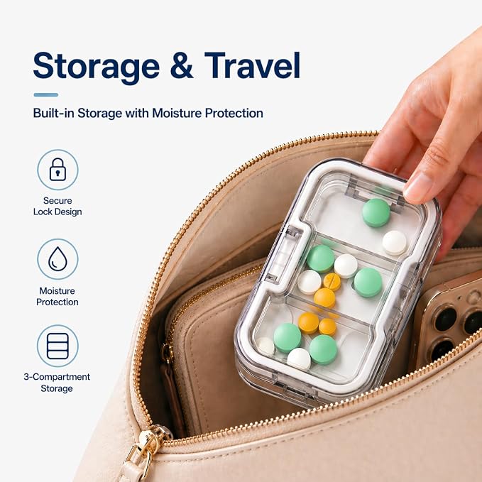 Pill Cutter Splitter for Small Tiny Large Pills at Once with Accurate and Professional Sharp Blade but Safe, Cuts 1/2, 1//3, 1/4 One-Hand Operation Portable Tablet Cutter, BPA Free (White)
