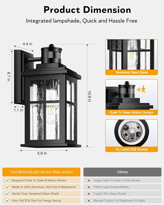 VIANIS Motion Sensor Outdoor Light Fixtures Wall Mount, Porch Light Outdoor | Black Anti-Rust Waterproof Exterior Lights for House, Modern Outdoor Wall Sconce Lantern for Garage, Front Door, Coach, E26