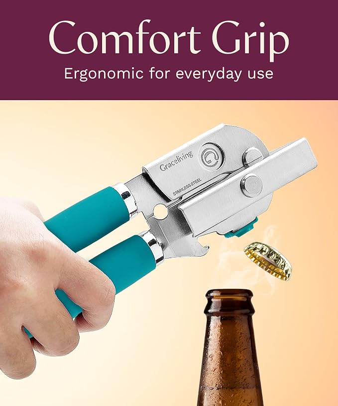 Heavy Duty Manual Can Opener with Magnetic Lid Lifter, Teal | Premium Stainless Steel Body, Sharp Cutting Blade, Oversized Easy-Turn Knob, Soft-Touch Handle, Bottle Opener, Kitchen Use
