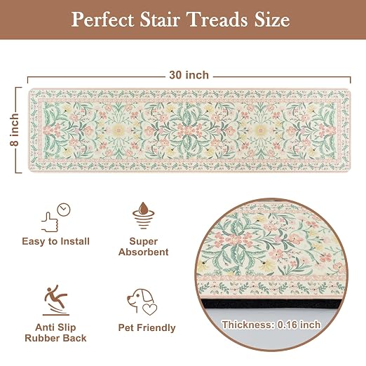 OJIA Pink Floral Stair Treads for Wooden Steps 15PCS 8"x30" Stair Runner | Non-Slip Stair Runners Rubber Carpet Treads for Wood Stairs Indoor Staircase Step Treads for Kids & Dogs, Stair Covers, Green