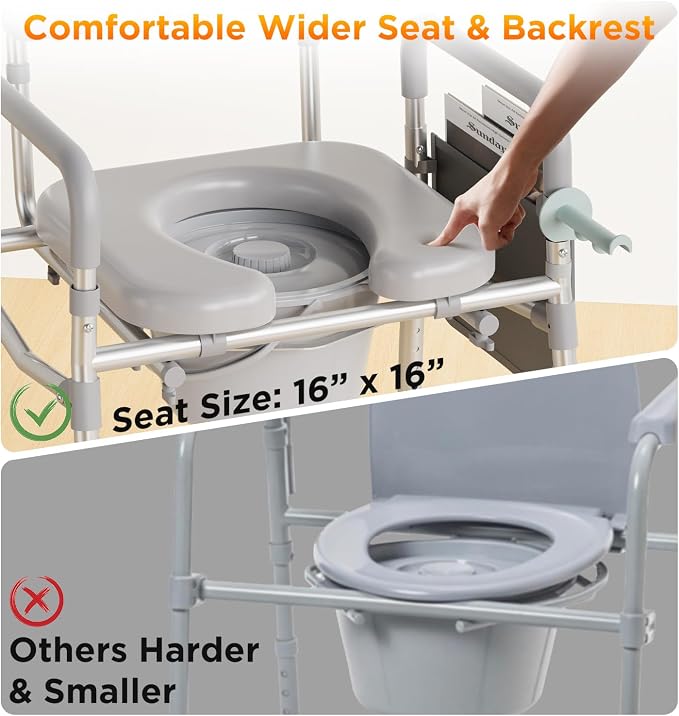 Bedside Commode Toilet, Padded Seat & Backrest, Height Adjustable Aluminum Potty Chair | 350lb, Tool-Free Assembly, Removable Bucket, Portable Toilet for Adults & Seniors