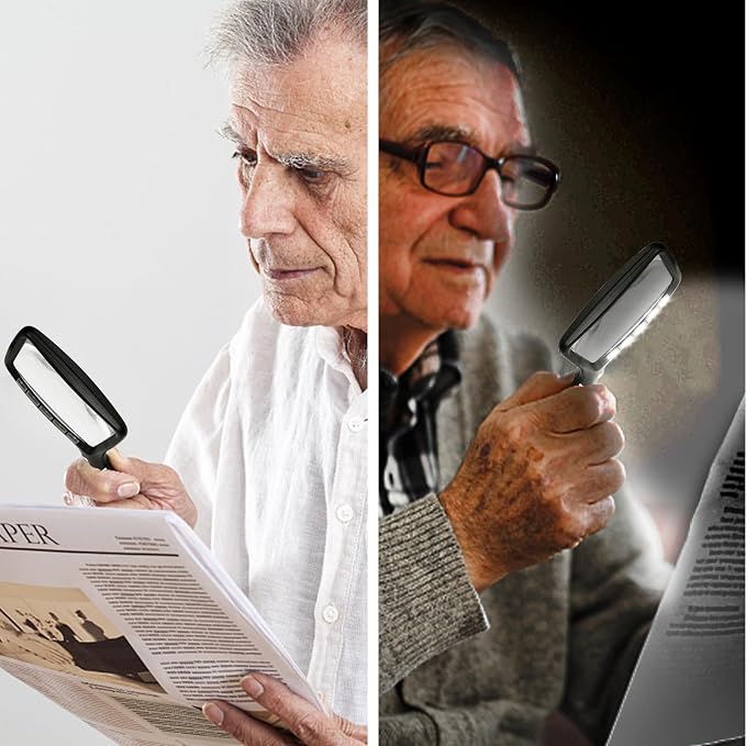 3X Folding Magnifying Glass with Light, Retancular Lighted Magnifier with 5 LED Lights, Handhold Page Magnify Lens Seniors Gift for Reading Books, Coins, Maps, Inspection, Exploring -Black