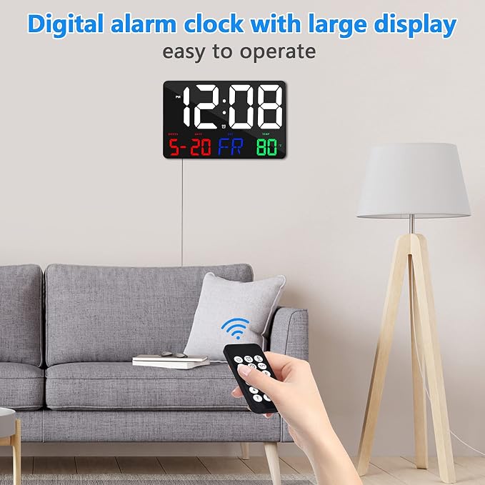 Digital Wall Clock,11.5" LED Digital Alarm Clock Large Display,with Remote Control,Adjustable Brightness, Calendar, Temperature, Snooze, 12/24 H, for Living Room, Office, Bedroom, Elderly, Adults Set