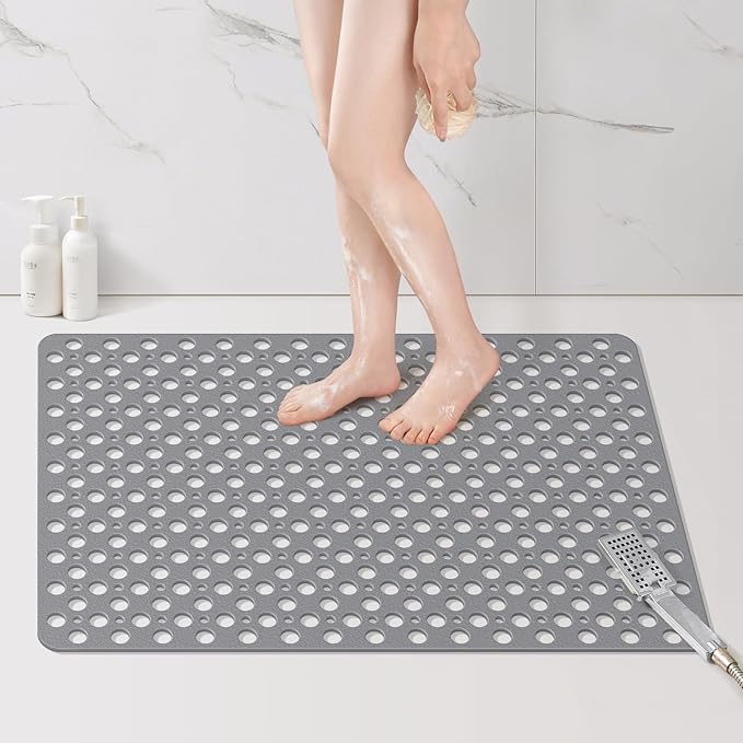 Yolife Large Shower Mat, 35 x 24 inch Non Slip Shower Mats for Inside Shower with Drain Hole, No Odor Soft TPE Shower Floor Mat, Extra Large Non Slip Shower Mat with Suction Cups, Grey