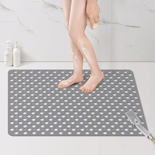 Yolife Large Shower Mat, 35 x 24 inch Non Slip Shower Mats for Inside Shower with Drain Hole, No Odor Soft TPE Shower Floor Mat, Extra Large Non Slip Shower Mat with Suction Cups, Grey