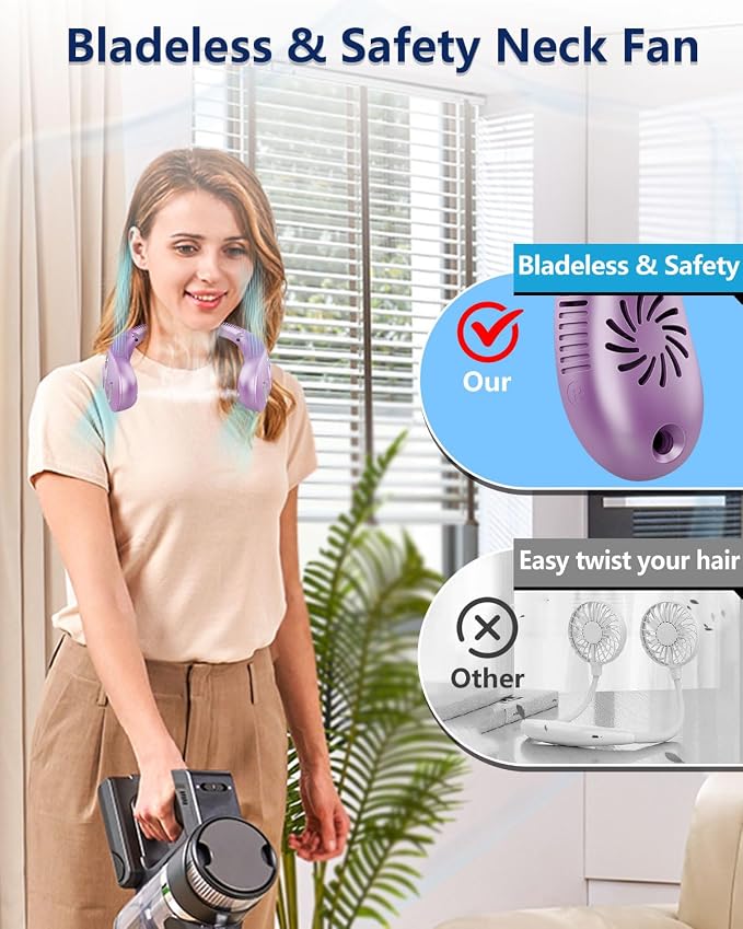 Neck Fans Portable Rechargeable Personal Misting Fan,Fold Up Compact Necklace Fan with Mist,Soundless Powerful Mobile Body Air Cooler with Digital LED Display, Presents for Adults Kids Elderly Purple