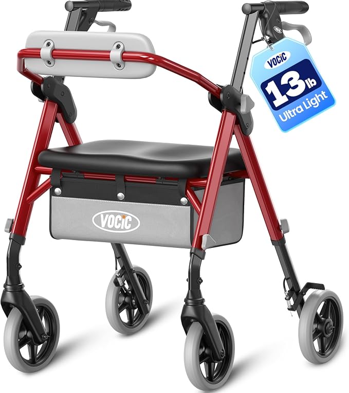 VOCIC Z12 Walker for Seniors with Seat, 13.4 LBS Ultra Light, 350 LBS | Ergo Seat & Backrest for Comfort, Height Adjustable & Easily Foldable for Seniors, All Terrain Wheels, Silver