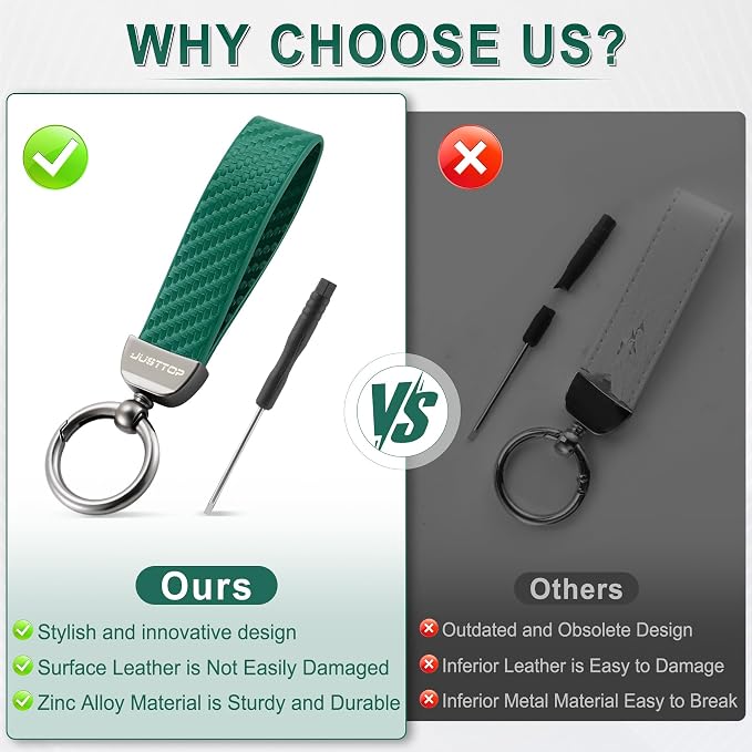 JUSTTOP Leather Keychain, Carbon Fiber Car Key Chain with Anti-Lost D-Ring and 2 Key Ring, Keychain Wristlet, Car Accessories, Universal Keychain for Men and Women (Green)