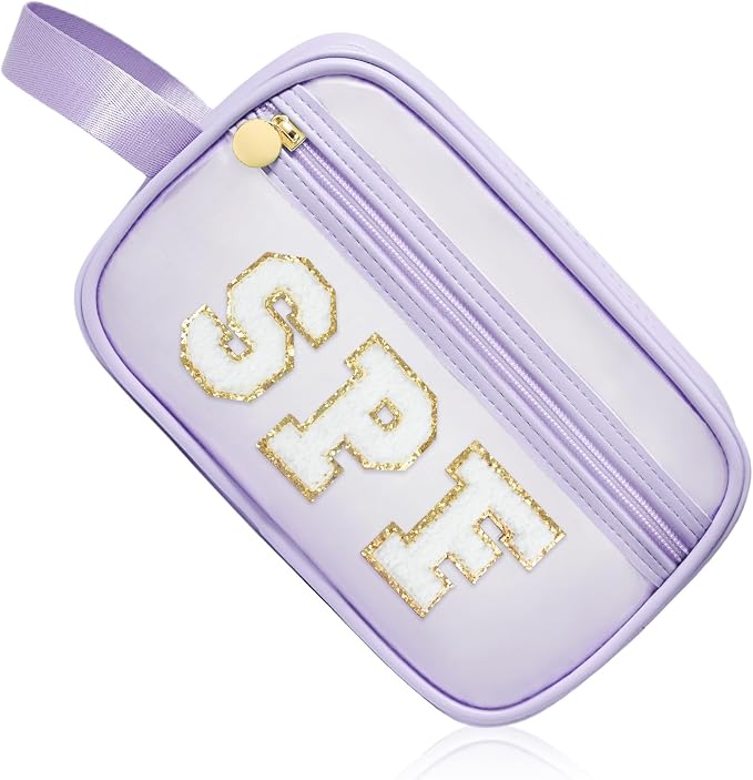 COSHAYSOO Clear Sunscreen Bag Makeup Toiletries Pouch Beach Vacation Essentials Summer Travel Stuff Accessories Personalized Graduation Gifts for Her Women College Teen Girls Teacher Nurse Purple SPF