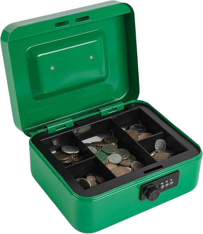 xydled Cash Box with Money Tray,Locking Cash Box with Combination Lock,Money Box with Removable Coin Tray,Medium,9.84 inchx 7.87 inchx 3.54 inch,Green