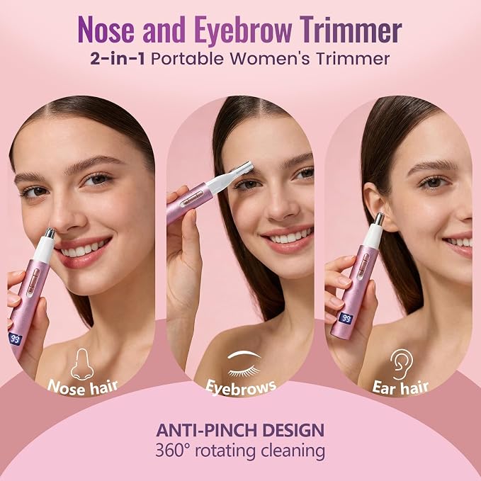 Nose & Ear Hair Trimmer for Women and Men, 2026 Painless USB Rechargeable Facial & Eyebrow Trimmer Clipper with LED Display for Easy Cleansing, Portable Grooming Kit,Gift Box Included (Pink)