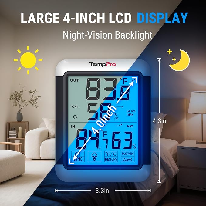 TempPro TempAir Indoor Outdoor Thermometer Digital Wireless Hygrometer | Temperature Humidity Monitor with Jumbo Touchscreen and Backlight Humidity Gauge,LCD