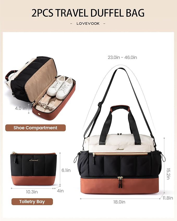 LOVEVOOK Travel Duffel Bag, Weekender Bags for Women, Large Overnight Bags with Shoe Compartment, 38L Carry on Gym Hospital Bag with Wet Pocket, 2 Pcs