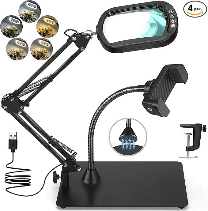 12X Square Magnifying Glass with Light and Stand, Real Glass LED Lighted Magnifier and Phone Holder, 5 Color Modes Stepless Dimmable, Hands-Free Desk Lamp for Craft Hobby Close Work Black and Holder