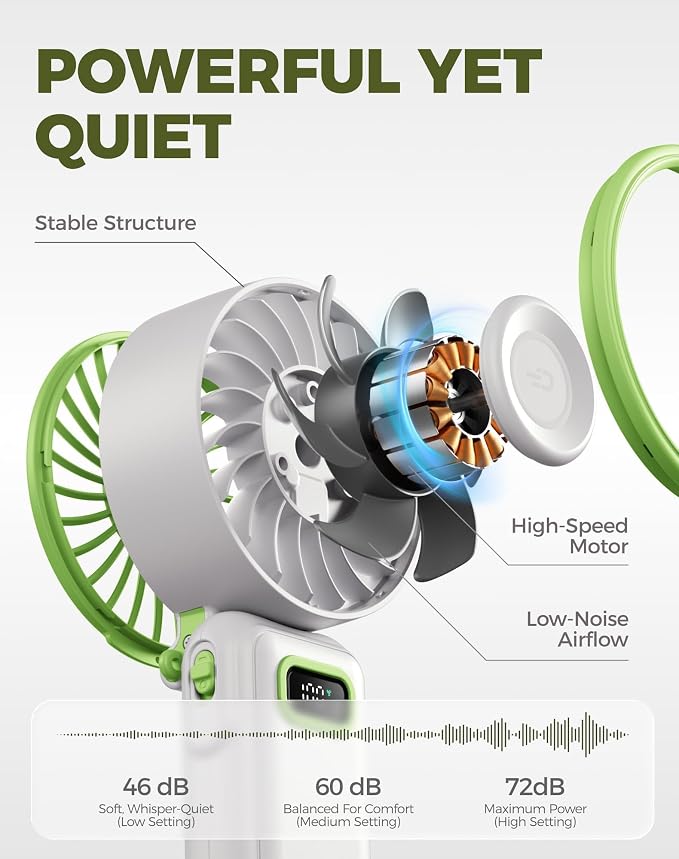 Diveblues Portable Turbo Fan, 7.4m/s High Speed Handheld Fan, 180° Foldable 4-in-1 Personal Neck Fan with Carabiner Clip, 100 Speed Stepless Control, USB-C Rechargeable for Travel, Makeup Hot Flashes
