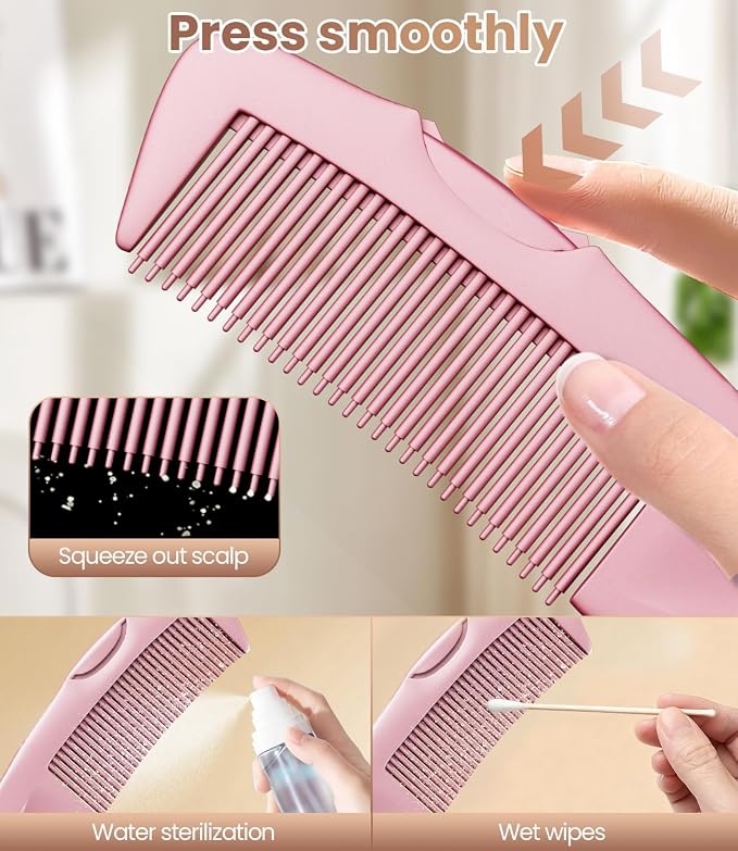 Dandruff Comb Removal 2PC Hollow Fine Tooth Scalp Detox Hair Care Tool Pink | Build up Flake Lice Comb, with Gift Box, Stainless Steel Teeth, Self Cleaning, Button Release, Scalp Massage, Women Men Kids