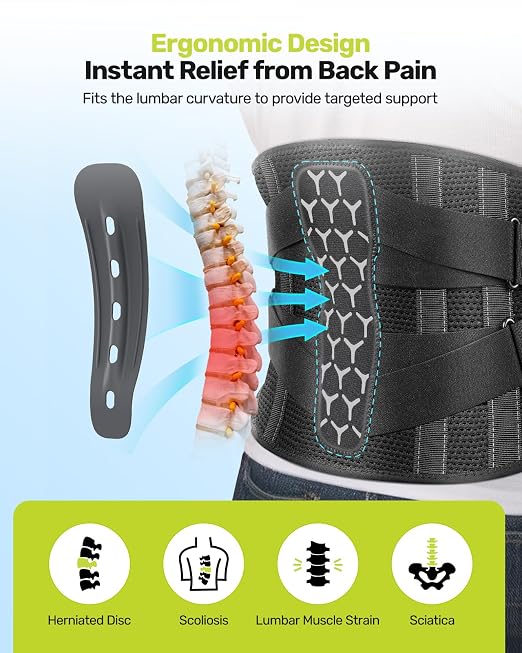 RAKIIE Back Brace for Lower Back Pain Relief for Women Men, Back Support Belt with 7 Stays for Lifting at Work, Breathable Soft Lumbar Support with 3D Support Removable Pad for Herniated Disc, Gray Size XXL (Waist: 51.2"-62.9")