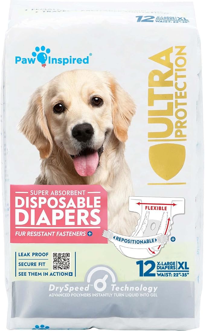 Paw Inspired Disposable Female Dog Diapers, XL Size, 12 Count | Ultra Protection, Adjustable Fasteners, Comfortable Fit, Leakproof Core, For Dogs in Heat, Excitable Urination, Incontinence