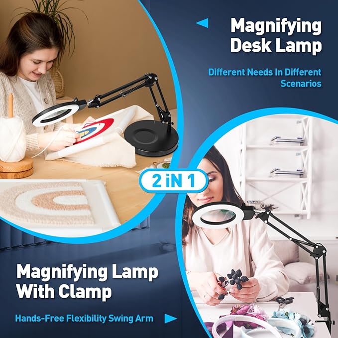 KIRKAS 12X Magnifying Glass with Light and Stand, Any Color Modes & Stepless Brightness LED Magnifying Lamp with Clamp, 2-in-1Hands Free Magnifier Desk Lamp for Repair Painting Crafts-Knob Yellow