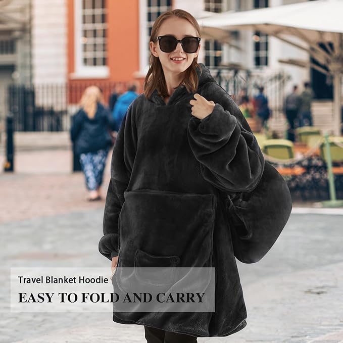 JOYWOO Black Foldable Wearable Blanket Hoodie,Oversized Cat Lovers Sweatshirt Blanket for Adult,Birthday Gifts for Men,Father,Boy,Cozy Fuzzy Sherpa Hooded Blanket with Giant Pocket and Winter Gifts