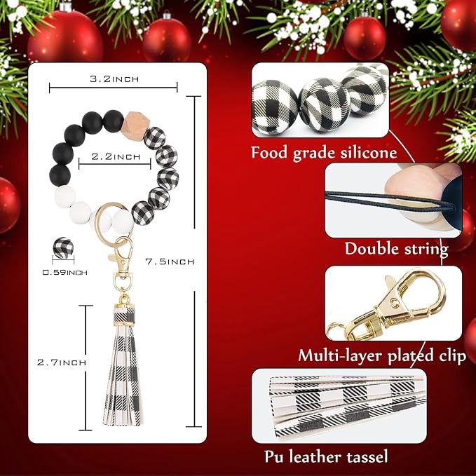 BAOSIWA Silicone Beaded Bracelet Keychain Wristlet Key Ring Bangle Chains for Women with Leather Tassel