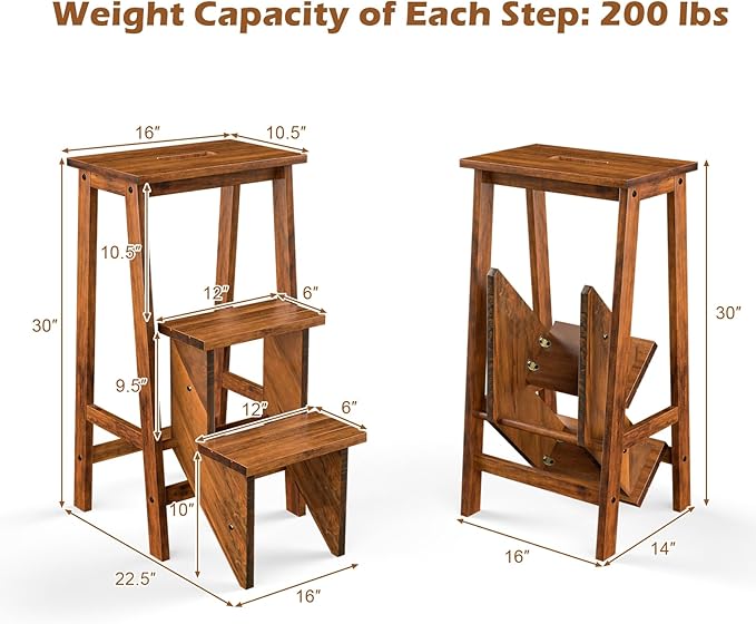 Costzon Folding 3 Step Stool, 3 in 1 Wooden Step Ladder with Handle, Non-Slip Pedal, Multifunctional Storage Shelf, Flower Rack for Kitchen, Library, Garage, Foldable Step Stool for Adults Kids