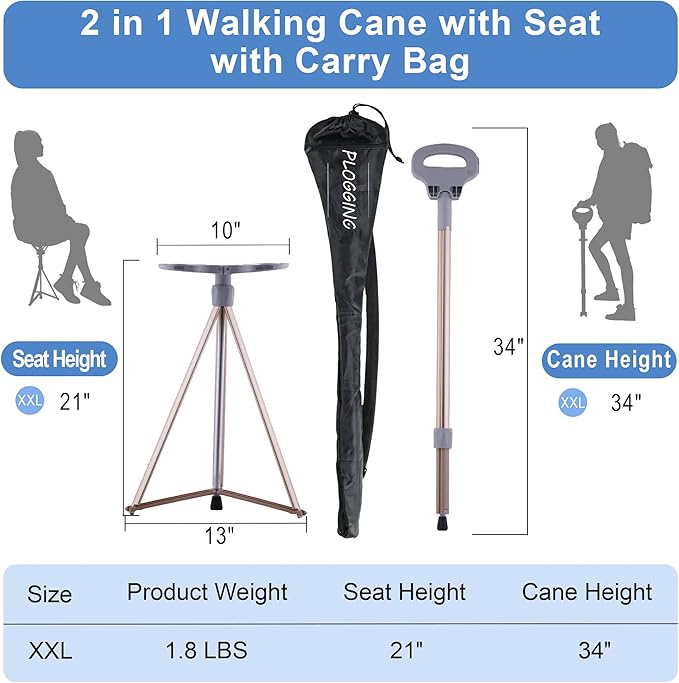 Walking Cane with Seat Folding Lightweight, Portable Cane Seat with Carry Bag, Walking Stick with Seat for Seniors & Adults, Foldable Adjustable Cane Chair for Travel Hiking